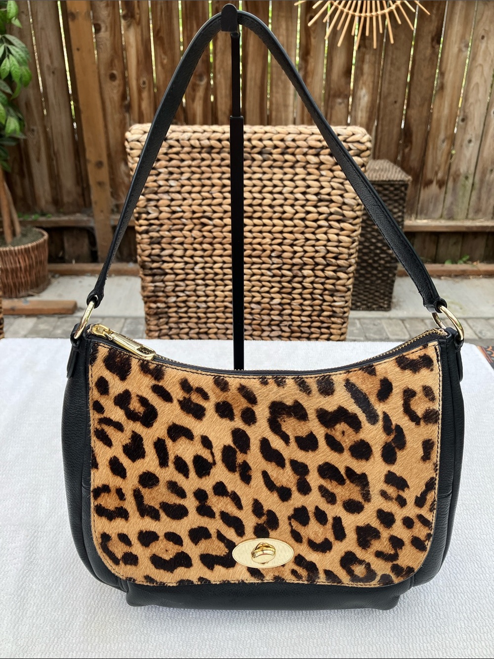 Talbots Black Pebbled Leather Calf Hair Leopard Print Satchel